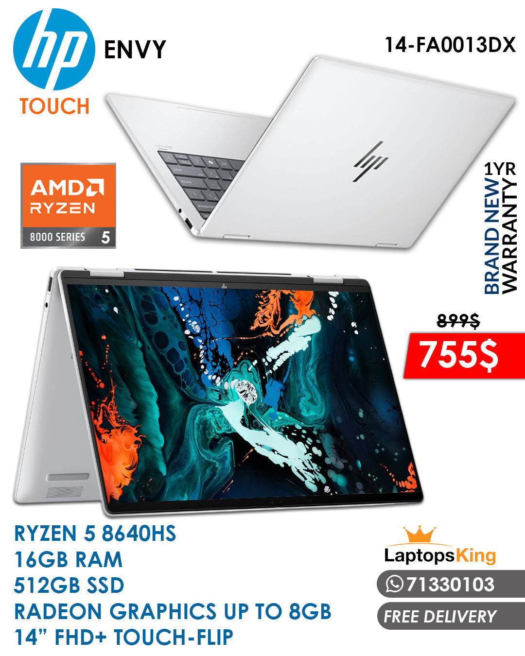 HP ENVY 14-FA0013DX RYZEN 5 8640HS RADEON GRAPHICS 14” FHD+ FLIP TOUCH LAPTOP