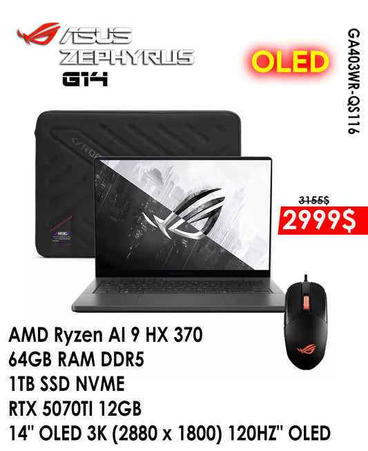 ASUS ROG ZEPHYRUS G14 AMD Ryzen AI 9 HX 370 14” 3K OLED RTX 5070Ti 12GB LAPTOP (BRAND NEW)