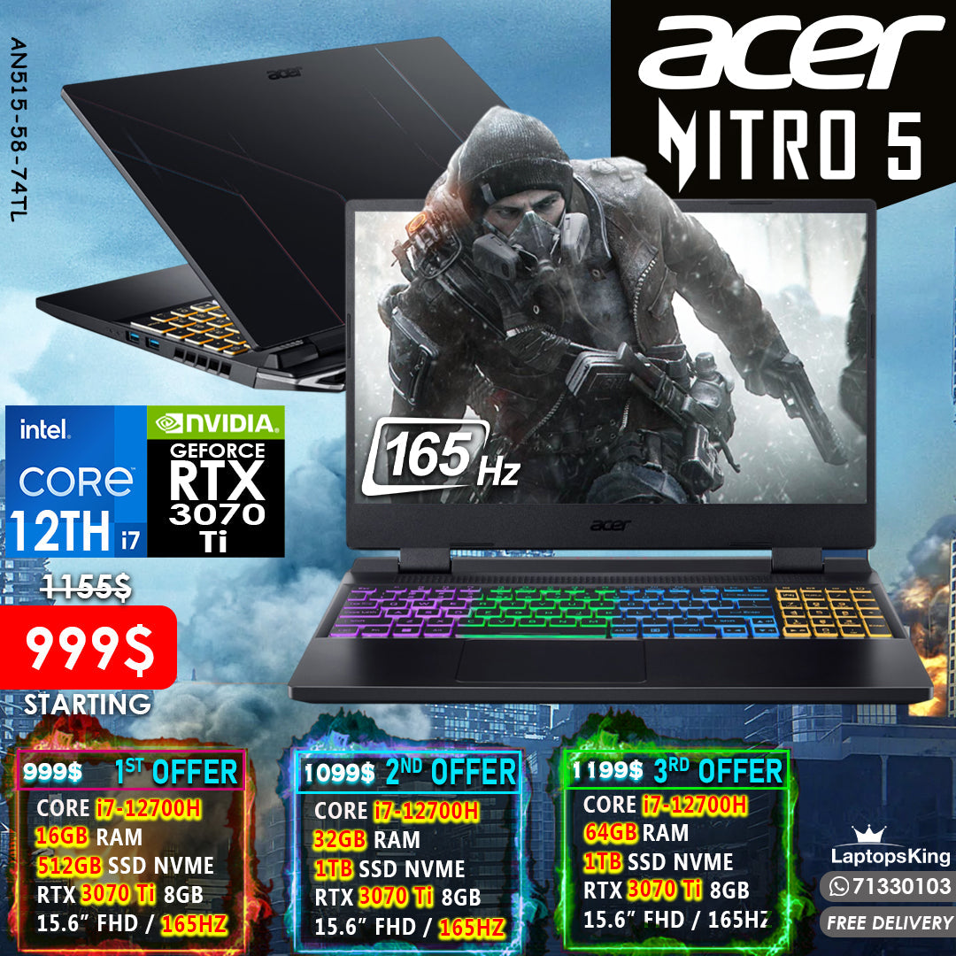 ACER NITRO 5 AN515-58-71TL CORE i7-12700H RTX 3070 Ti 165HZ 15.6" GAMING LAPTOPS (NEW OB 1YR WARRANTY)
