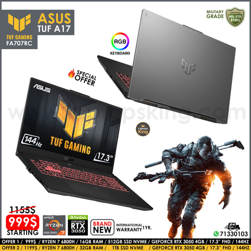 Asus Tuf A17 FA707RC Military Grade Ryzen 7 6800h Rtx 3050 144Hz 17.3" Gaming Laptop (Brand New)