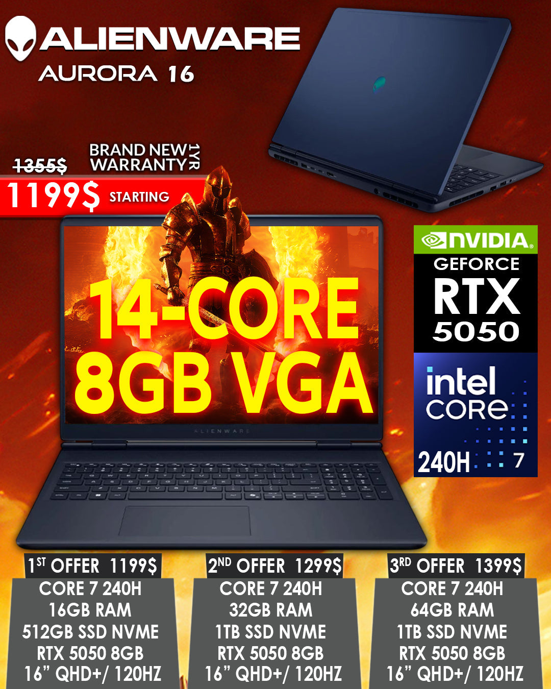 ALIENWARE AURORA 16 CORE 7 240H RTX 5050 8GB 16” 120HZ QHD+ GAMING LAPTOP (BRAND NEW 1YR WARRANTY)