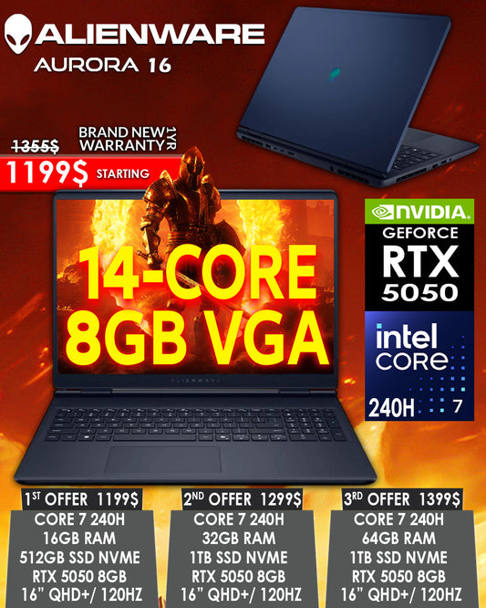 ALIENWARE AURORA 16 CORE 7 240H RTX 5050 8GB 16” 120HZ QHD+ GAMING LAPTOP (BRAND NEW 1YR WARRANTY)