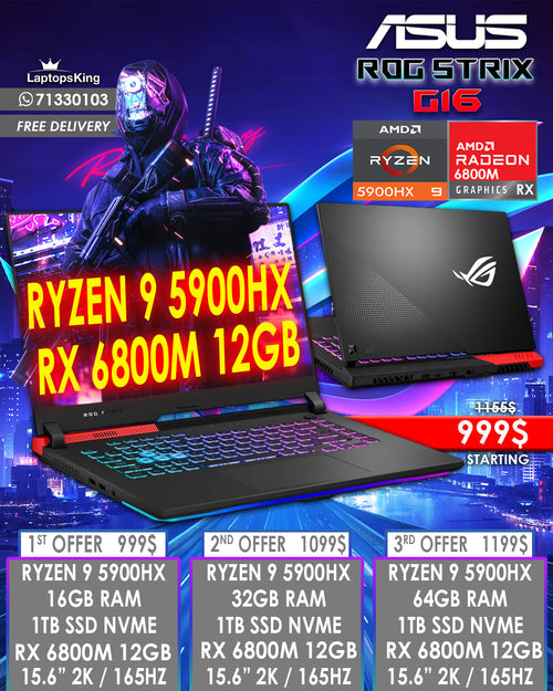 ASUS ROG STRIX G15 G513QY-HQ013W RYZEN 9 5900HX RX 6800M 12GB 15.6" 2K 165HZ GAMING LAPTOP ( OPEN BOX WITH WARRANTY)