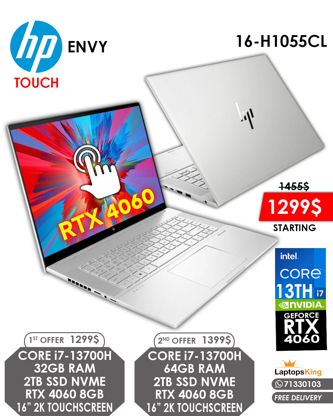 HP ENVY 16-H1055CL CORE i7-13700H RTX 4060 16" 2K TOUCH SCREEN LAPTOP