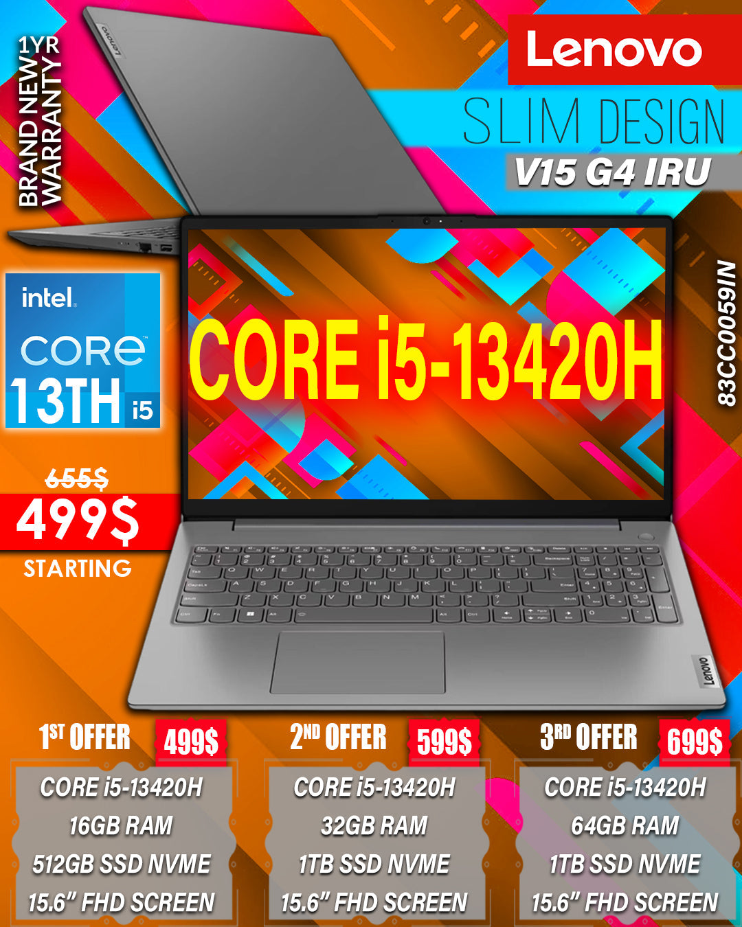 LENOVO V15 G4 IRU CORE i5-13420H 15.6” FHD BUSSINESS LAPTOP ( BRAND NEW 1YR WARRANTY)
