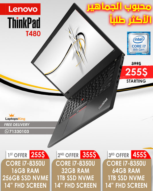 Lenovo Thinkpad T480 Core i7-8350u 14” Laptops (Open Box)