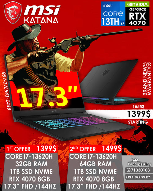MSI KATANA 9S7-17L541-1436 i7-13620H RTX 4070 17.3” FHD 144HZ GAMING LAPTOP (BRAND NEW 1YR WARRANTY)