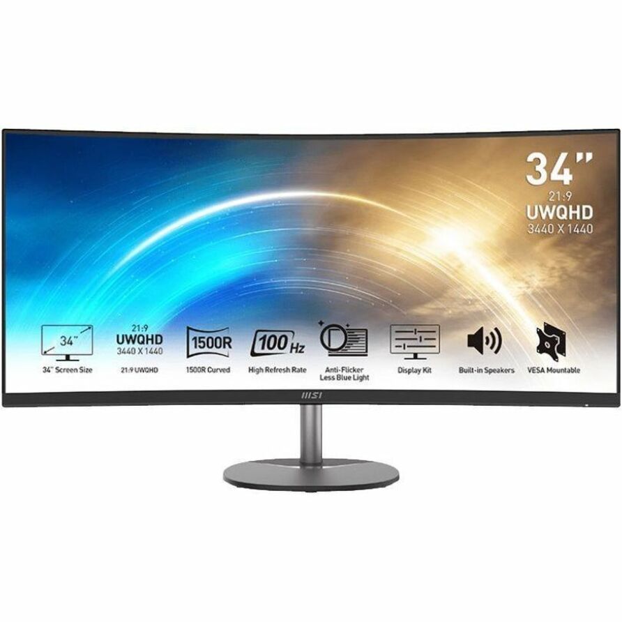 MSI Pro MP341CQ 34" UW-QHD LCD Monitor, 100Hz FreeSync, 1500R Curved, VA Panel, HDR Ready, Built-in Speakers, Anti-Flicker, Low Blue Light, Black - PROMP341CQ (3 Year Warranty)