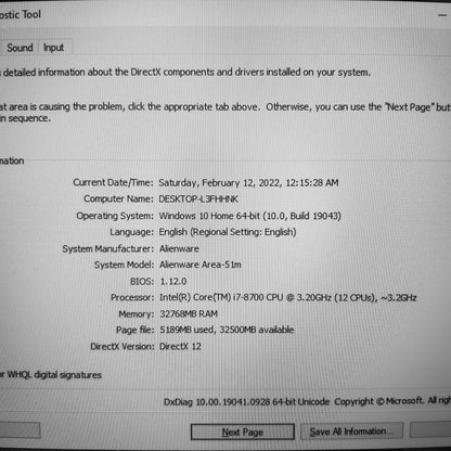 Alienware Area 51m i7-8700 RTX 2070 144Hz Gaming Laptop (New Open Box)