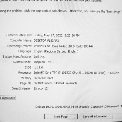 Dell Inspiron 3793 17.3" Silver Color i7-1065g7 GeForce MX230 Laptop (Open Box)