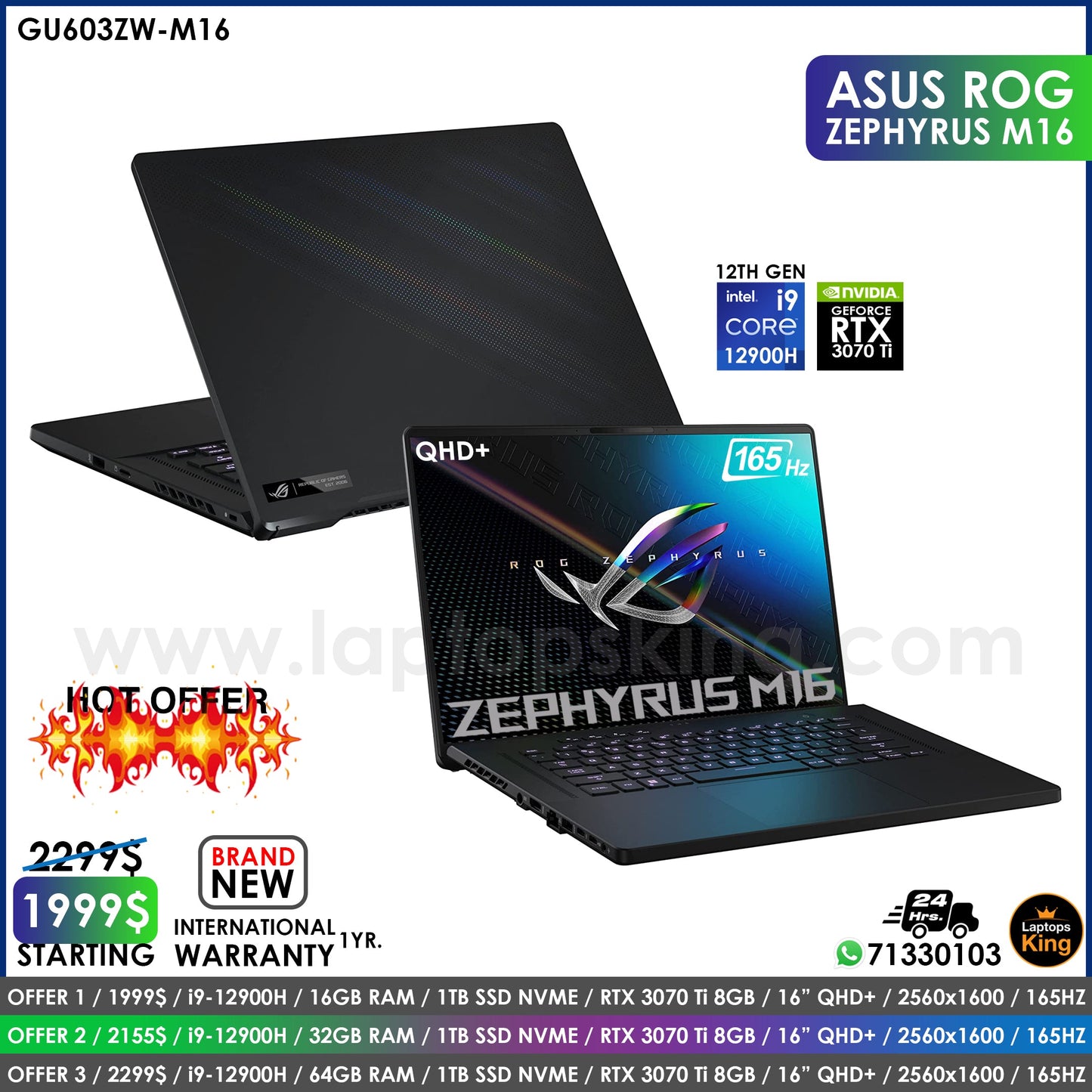 Asus Rog Zephyrus M16 GU603ZW Core i9-12900h Rtx 3070 Ti 165hz Qhd+ Gaming Laptop Offers (Brand New)