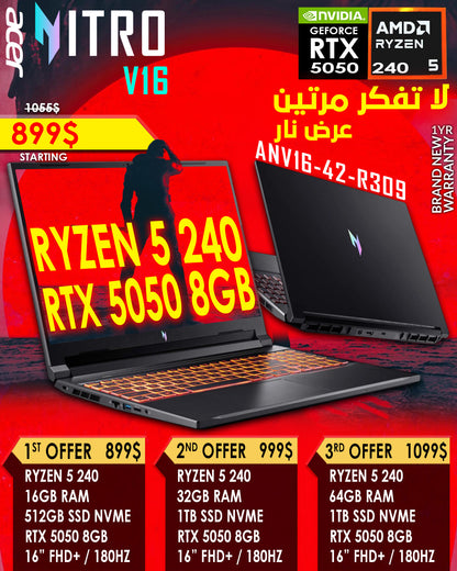 ACER NITRO V16 ANV16-42-R309 RYZEN 5 240 RTX 5050 16” FHD 180HZ GAMING LAPTOP (BRAND NEW 1YR WARRANTY)