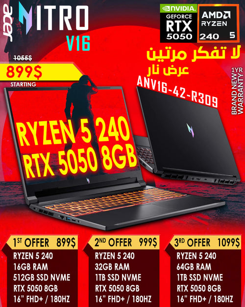 ACER NITRO V16 ANV16-42-R309 RYZEN 5 240 RTX 5050 16” FHD 180HZ GAMING LAPTOP (BRAND NEW 1YR WARRANTY)
