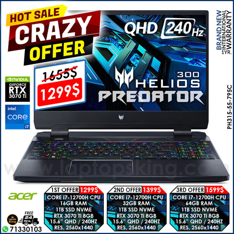 Acer Predator Helios 300 PH315-55-795C Core i7-12700h Rtx 3070 Ti 240hz Qhd Gaming Laptop Offers (Brand New)