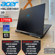 ACER PREDATOR HELIOS NEO 18 PHN18-71-97PP CORE i9-14900HX RTX 4070 8GB 2k 165HZ 18” GAMING LAPTOPS (Brand New)