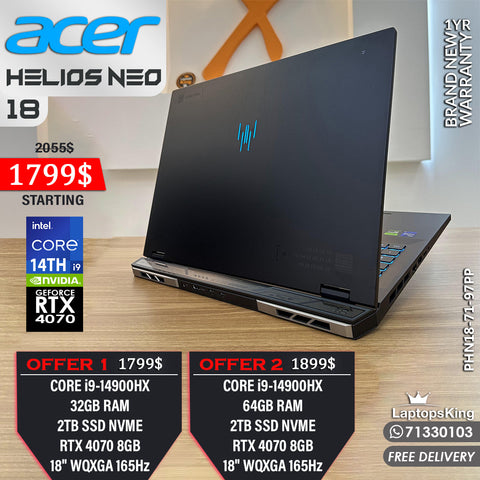 ACER PREDATOR HELIOS NEO 18 PHN18-71-97PP CORE i9-14900HX RTX 4070 8GB 2k 165HZ 18” GAMING LAPTOPS (Brand New)