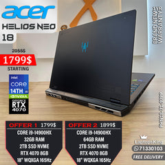 ACER PREDATOR HELIOS NEO 18 PHN18-71-97PP CORE i9-14900HX RTX 4070 8GB 2k 165HZ 18” GAMING LAPTOPS (Brand New)