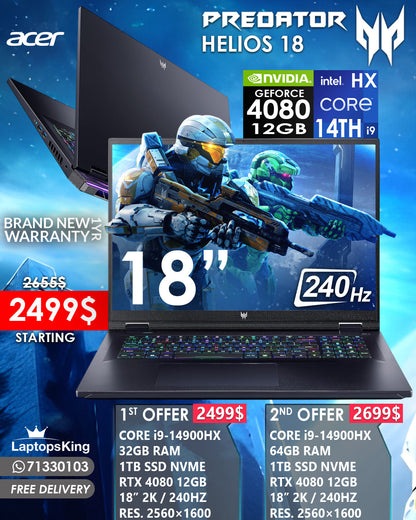 ACER PREDATOR HELIOS 18 CORE i9–14900HX RTX 4080 12GB 240HZ 18” QHD+ GAMING LAPTOP (BRAND NEW)