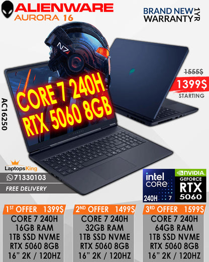 ALIENWARE AURORA 16 AC16250 CORE 7 240H RTX 5060 16” QHD+ 120HZ GAMING LAPTOP (BRAND NEW 1YR WARRANTY)
