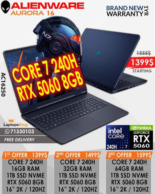 ALIENWARE AURORA 16 AC16250 CORE 7 240H RTX 5060 16” QHD+ 120HZ GAMING LAPTOP (BRAND NEW 1YR WARRANTY)