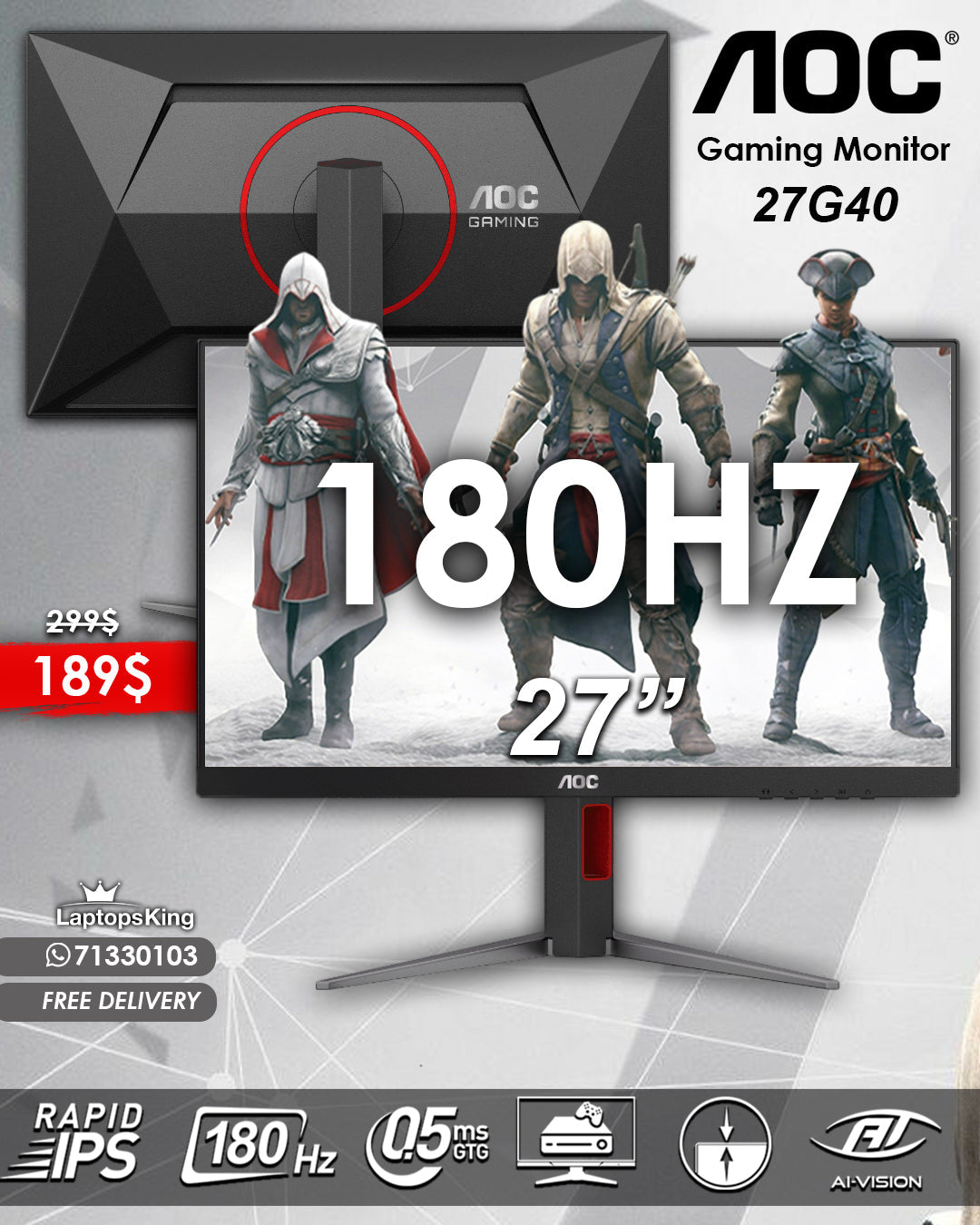 Aoc 27G40 27” FHD 180HZ 0.5MS GAMING MONITOR (BRAND NEW)