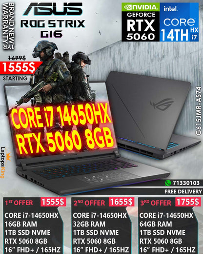 ASUS ROG STRIX G16 G615JMR-AS74 CORE i7-14650HX RTX 5060 16” FHD+ 165HZ GAMING LAPTOP (BRAND NEW 1YR WARRANTY)