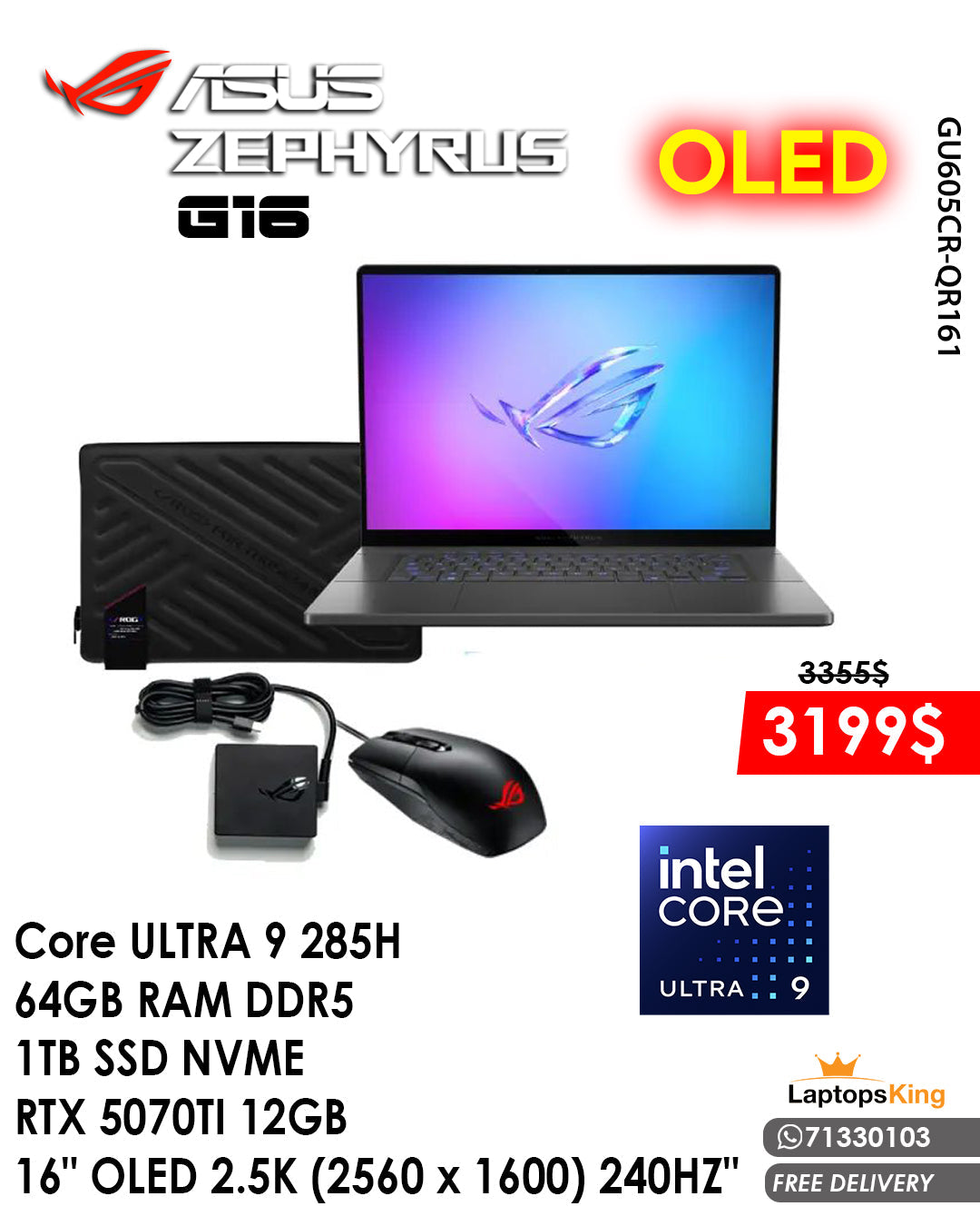 ASUS ROG ZEPHYRUS G16 Core ULTRA 9 285H RTX 5070Ti 12GB 16” 2.5K OLED SCREEN LAPTOP