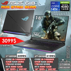 ASUS ROG STRIX SCAR G18 CORE i9-14900HX RTX 4080 240HZ 18" 2K+ GAMING LAPTOPS (BRAND NEW 3YRS WARRANTY)