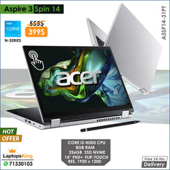 Acer Aspire 3 | Spin 14 A3SP14-31PT Core i3-N305 Fhd+ Flip-Touch 2in1 Laptop Offer (New OB)