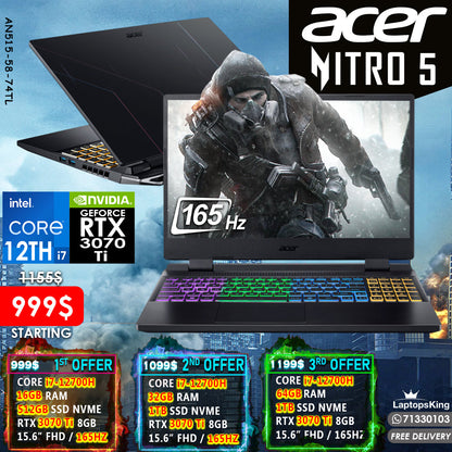 ACER NITRO 5 AN515-58-71TL CORE i7-12700H RTX 3070 Ti 165HZ 15.6" GAMING LAPTOPS (NEW OB 1YR WARRANTY)