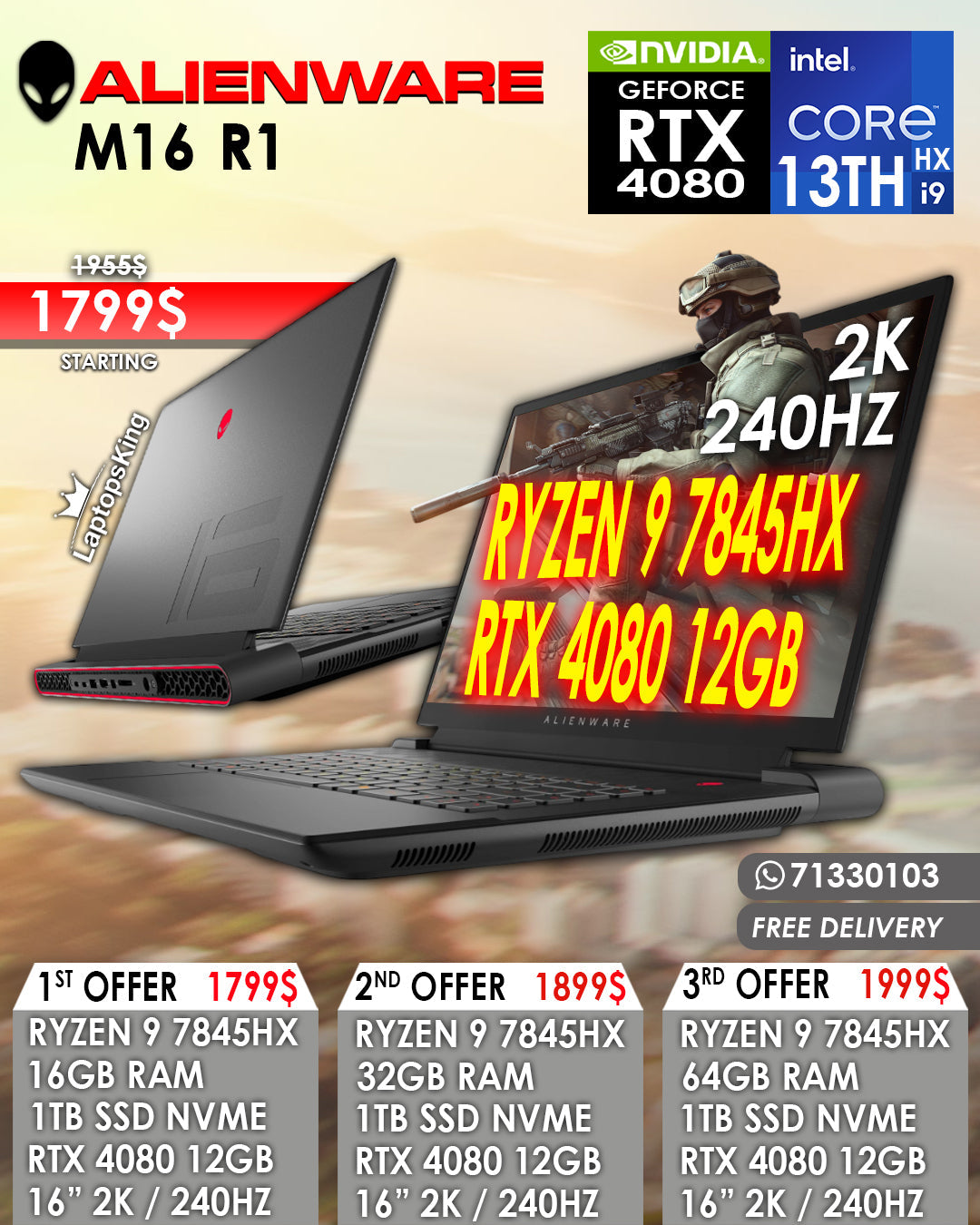 ALIENWARE M16 R1 RYZEN 9 7845HX RTX 4080 12GB 16" QHD+ 240HZ GAMING LAPTOP (NEW OB 1YR WARRANTY)