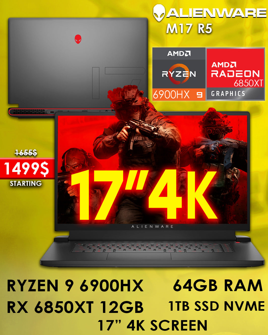 ALIENWARE M17 R5 RYZEN 9 6900HX RX 6850M XT 12GB 17" 4K GAMING LAPTOP (NEW OB 1YR WARRANTY)