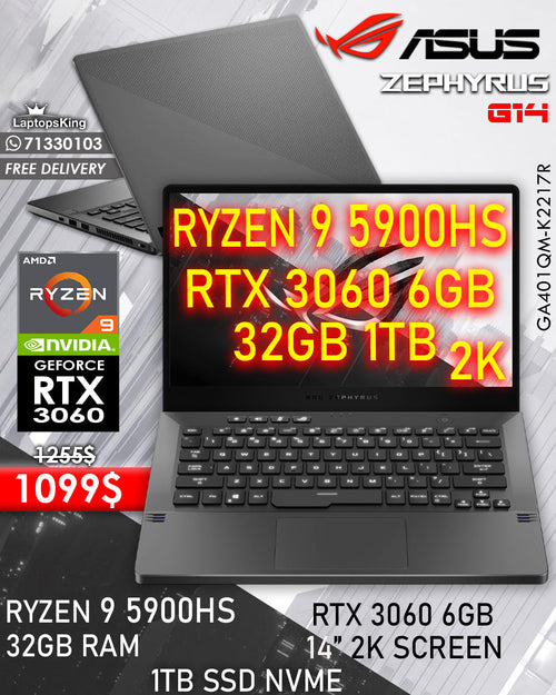 ASUS ROG ZEPHYRUS G14 GA401QM-K2217R RYZEN 7 5800HS RTX 3060 6GB 14" 2K LAPTOP (OPEN BOX WITH WARRANTY)