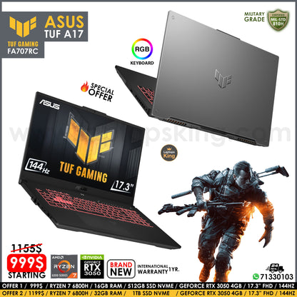 Asus Tuf A17 FA707RC Military Grade Ryzen 7 6800h Rtx 3050 144Hz 17.3" Gaming Laptop (Brand New)