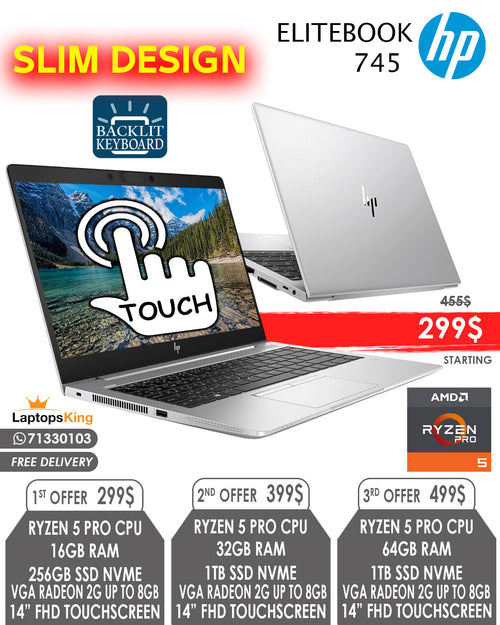 HP ELITEBOOK 745 RYZEN 5 PRO RADEON VGA 2GB 1920x1080 14” FHD TOUCHSCREEN LAPTOPS (OPEN BOX WITH WARRANTY)