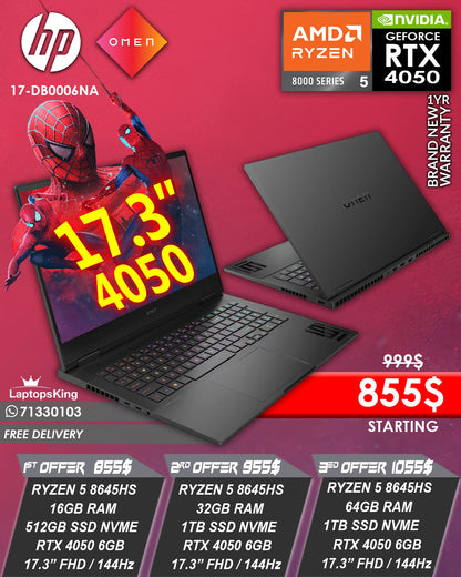 HP OMEN 17-DB0006NA RYZEN 5 8645HS RTX 4050 17.3” FHD 144HZ GAMING LAPTOP (BRAND NEW 1YR WARRANTY)