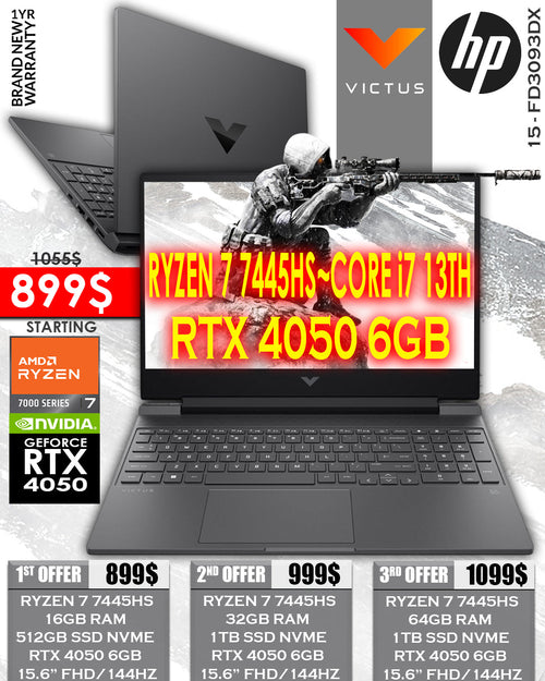 HP VICTUS GAMING 15 - FD3093DX RYZEN 7 7445HS RTX 4050 6GB 15.6” FHD 144HZ GAMING LAPTOP (BRAND NEW 1YR WARRANTY)