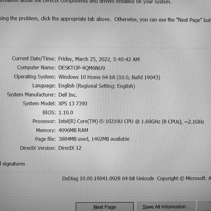 Dell XPS 13 7390 i5-10Th Gen 4gb Ram 128gb NVMe Laptop (New Open Box)