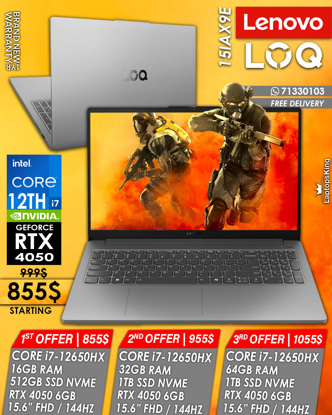 LENOVO LOQ 15IAX9E CORE i7-12650HX RTX 4050 15.6" FHD 144HZ GAMING LAPTOP (BRAND NEW 1YR WARRANTY)