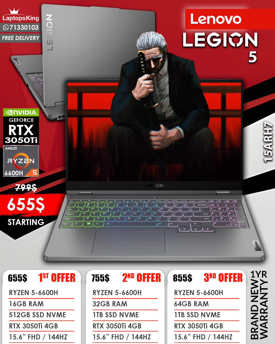 LENOVO LEGION 5 15ARH7 RYZEN 5-6600H RTX 3050Ti 15.6” FHD 144HZ GAMING LAPTOP (BRAND NEW 1YR WARRANTY)