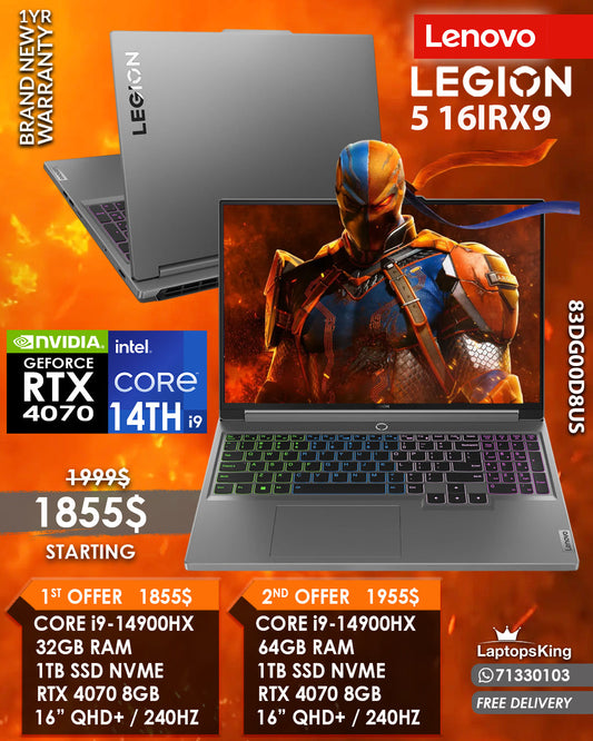 Lenovo Legion 5 16IRX9 83DG00D8US Core i9-14900hx Rtx 4070 240hz Qhd+ Gaming Laptops (BRAND NEW)