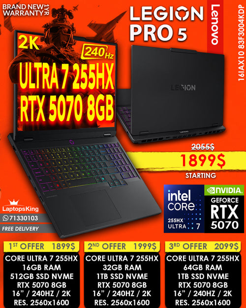 LENOVO LEGION PRO 5 16IAX10 83F3004KDP ULTRA 7 255HX RTX 5070 16” 2K 240HZ GAMING LAPTOP ( BRAND NEW 1YR WARRANTY )