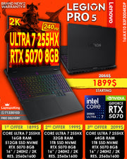 LENOVO LEGION PRO 5 16IAX10 83F3004KDP ULTRA 7 255HX RTX 5070 16” 2K 240HZ GAMING LAPTOP ( BRAND NEW 1YR WARRANTY )