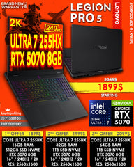 LENOVO LEGION PRO 5 16IAX10 83F3004KDP ULTRA 7 255HX RTX 5070 16” 2K 240HZ GAMING LAPTOP ( BRAND NEW 1YR WARRANTY )
