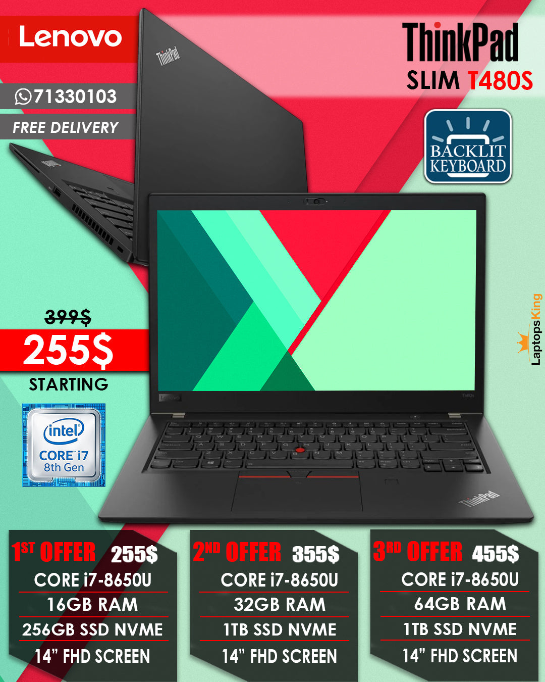 Lenovo Thinkpad T480s Core i7-8650u 14” Laptops (Open Box)