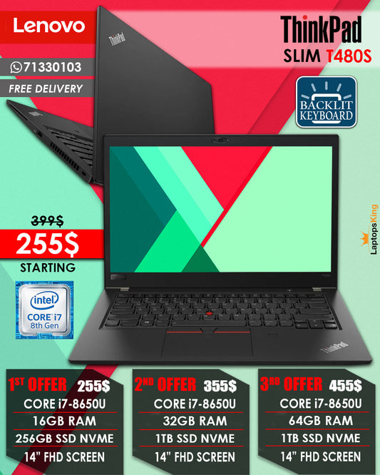 Lenovo Thinkpad T480s Core i7-8650u 14” Laptops (Open Box)