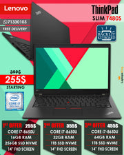 Lenovo Thinkpad T480s Core i7-8650u 14” Laptops (Open Box)