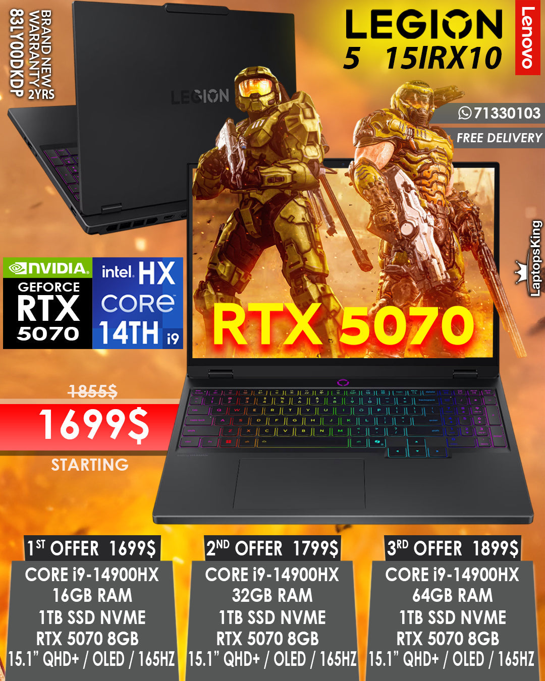 LENOVO LEGION 5 15IRX10 83LY00DKDP CORE i9-14900HX RTX 5070 8GB 15.6” QHD+ 165HZ GAMING LAPTOP (BRAND NEW 2YR WARRANTY)