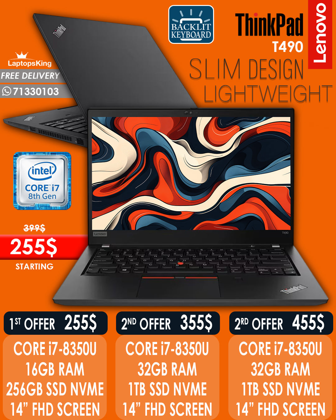 Lenovo Thinkpad T490 Core i7-8350u 14” Laptops (Open Box)