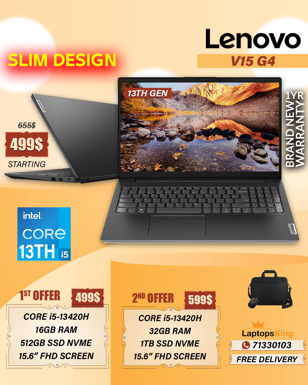 Lenovo V15 G4 IRU 83A10099AK Core i5-13420h 15.6" Fhd Laptops (Brand New)